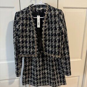 Alice and Olivia Cropped Tweed Metallic Tweed Dress & Jacket -Black/White/Gold